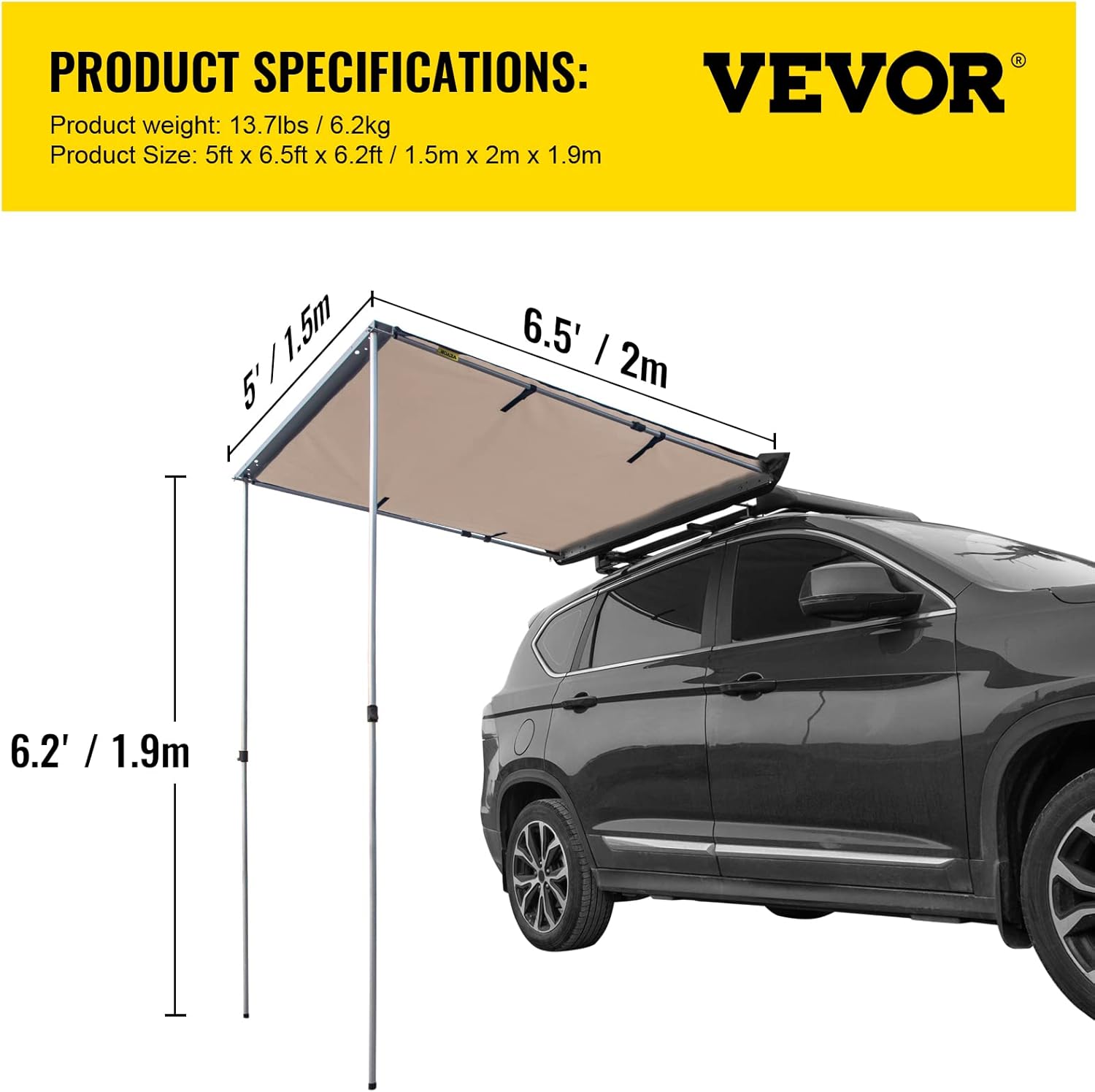 VEVOR Car Side Awning, 5'x6.5', Pull-Out Retractable Vehicle Awning Waterproof UV50+