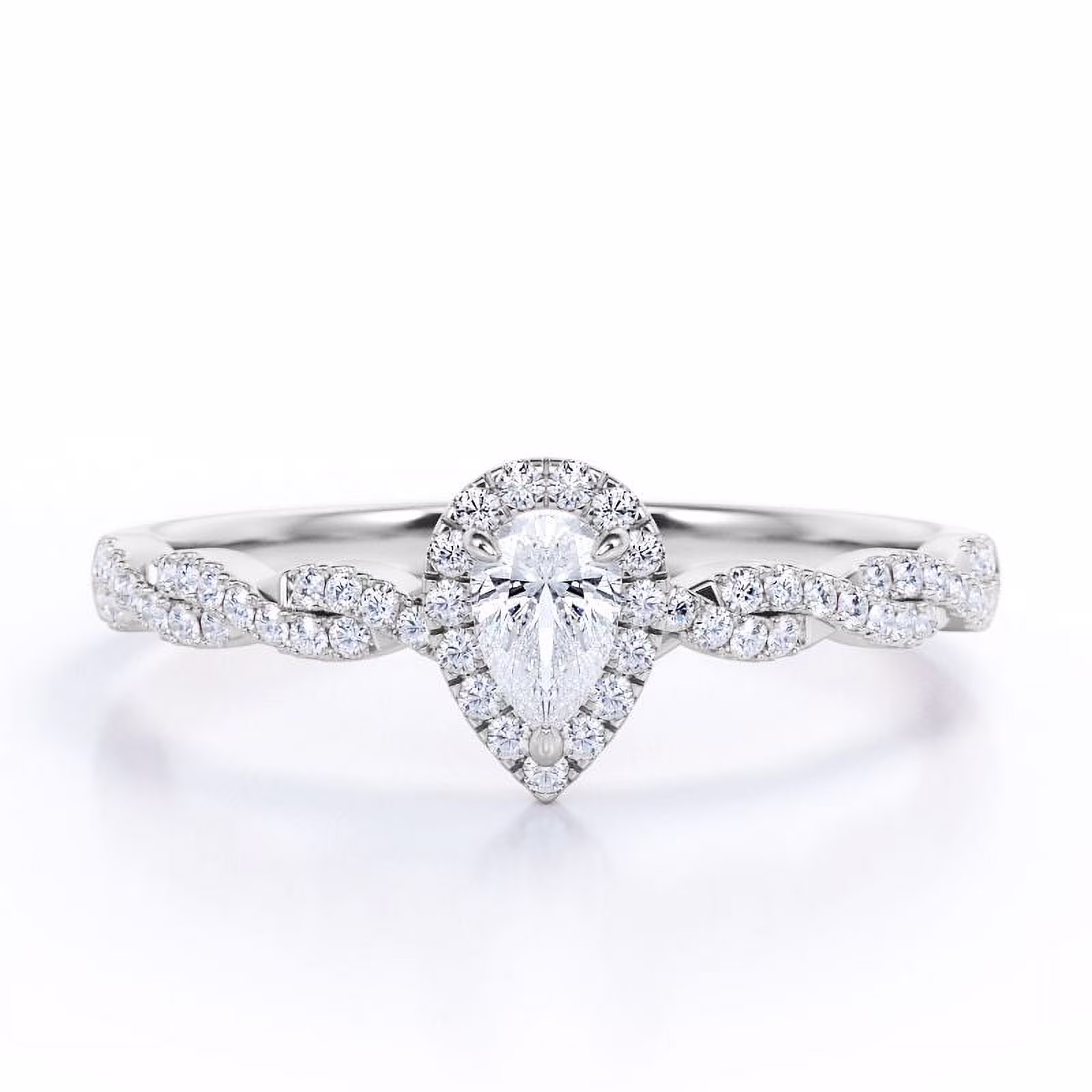 JeenMata 0.5 TCW Pear Cut Diamond - 3 Prong Halo Setting - Semi Infinity Pave Engagement Ring - 10K White Gold