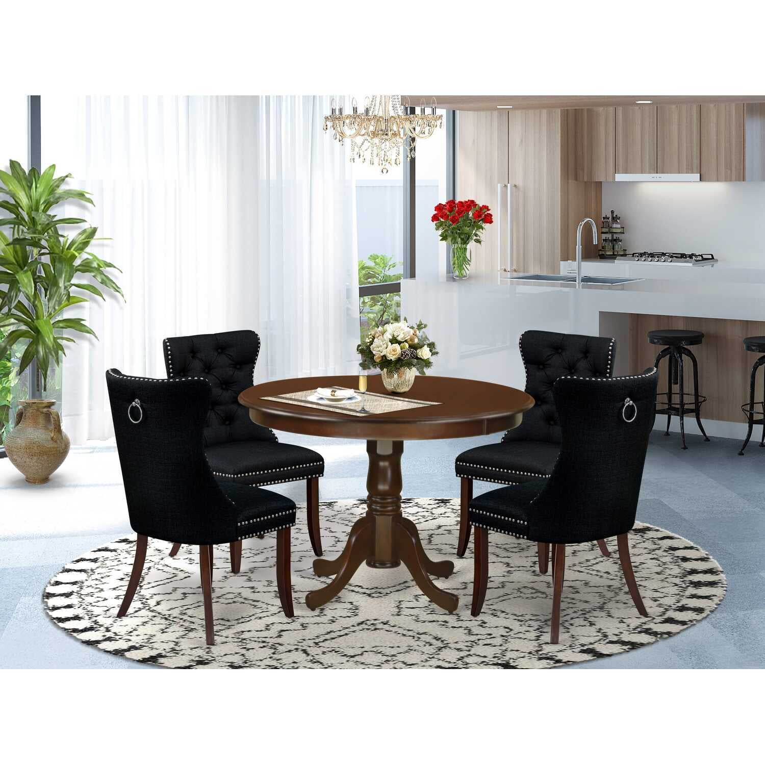 HomeStock French Flair 5 Piece Dining Table Set Includes A Round Wooden Table With Pedestal And 4 Upholstered Chairs, Mahogany
