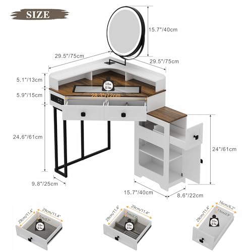 Corner Vanity Desk with Mirror and Lights, Modern Makeup Vanity with Charging Station & Human Sensor Light
