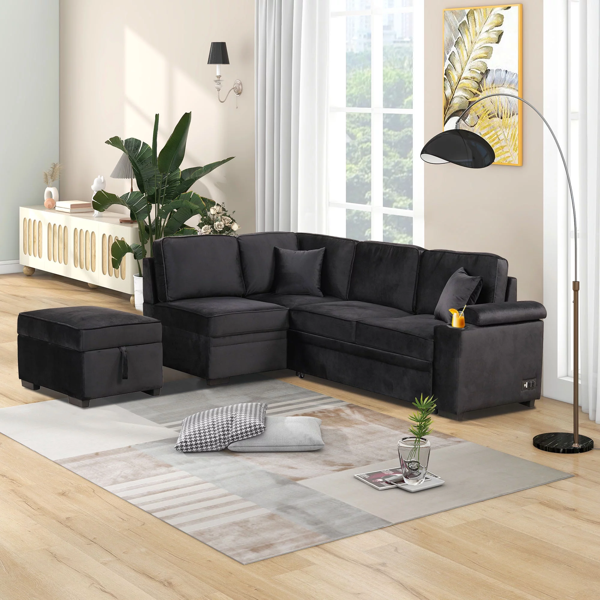 Soges Sleeper Sofa Bed 5 Seat, L Shape Sofa with Pull Out Bed Velvet Couch with USB Ports and Storage Ottoman for Living Room Bedroom, Black