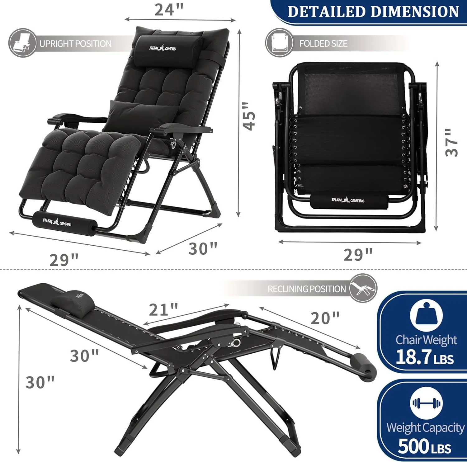 UDPATIO Oversized Zero Gravity Chair 29In XL Patio Reclining Chair with Cushion, Outdoor Folding Adjustable Recliner with Cup Holder