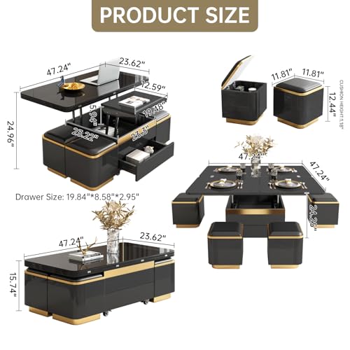 3-in-1 Multi-Functional Coffee Table with Glass Tabletop, Lift Top Center Table with 4 Storage Stools, Expandable Dining Table for Living Room
