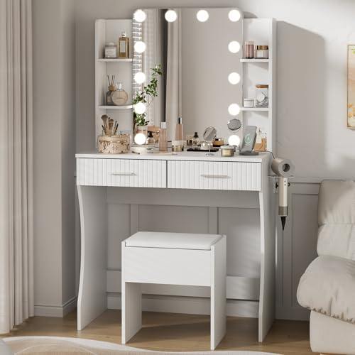 Vanity Desk with LED Lighted Mirror, Makeup Vanity with 3 Adjustable Lights, 2 Large Drawers and 4 Open Shelves