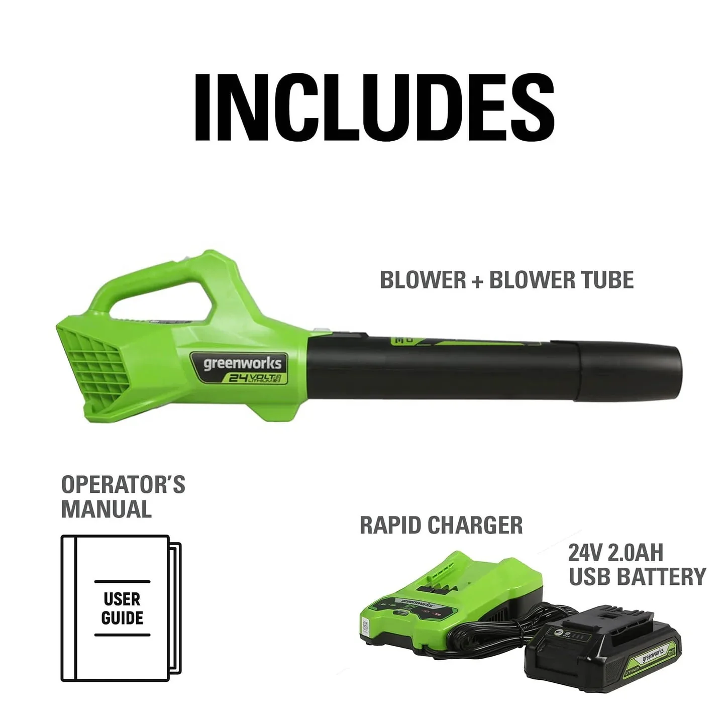 Greenworks 24V Cordless Axial Blower (90 Mph / 320 Cfm) with 2Ah USB Battery & Charger 2415702