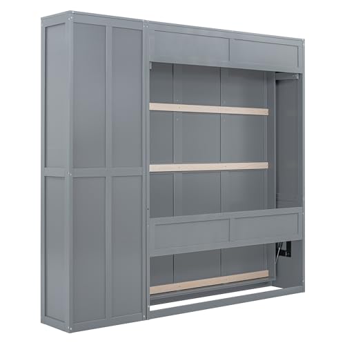 Harper & Bright Designs Full Size Murphy Bed Wall Bed with Storage Shelves, Drawers and LED Lights
