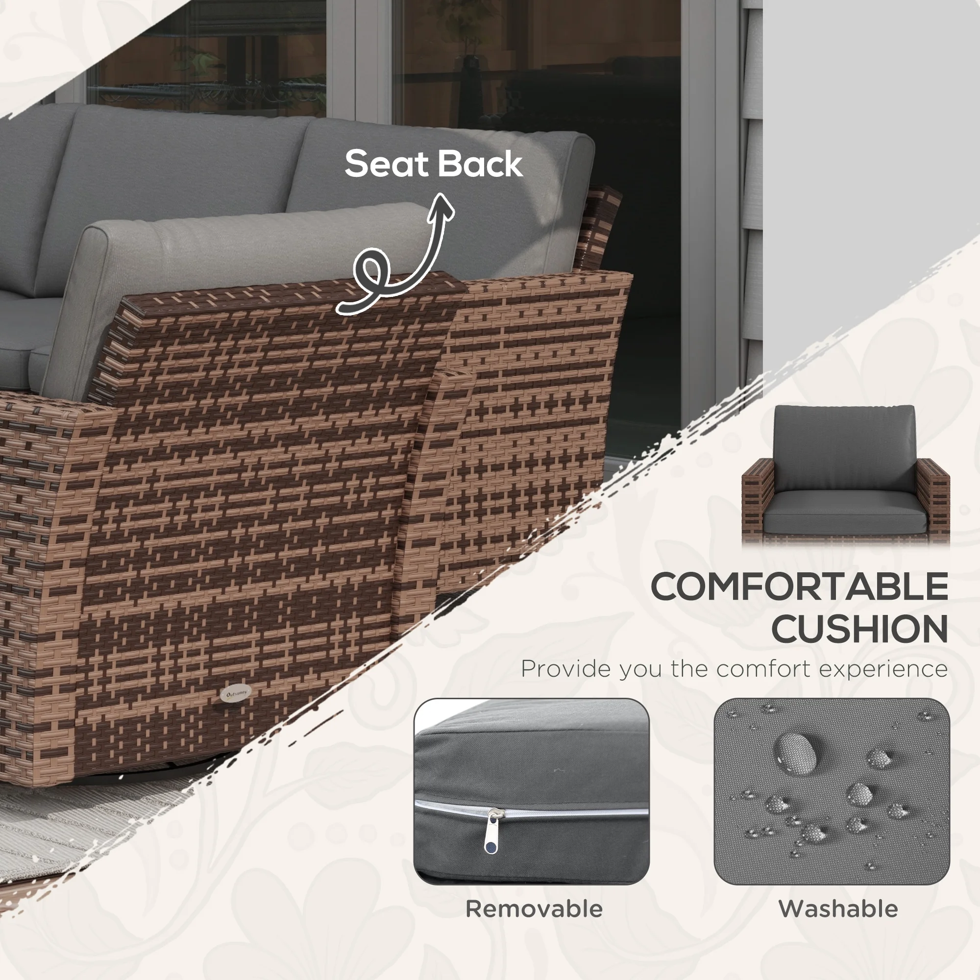 Outsunny 6pc Patio Furniture Set with Couch, Swivel Rocking Chairs, Brown