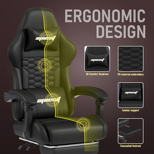 Gaming Chair, Computer Office Chair with Footrest, Linkage Armrests and Lumbar Support, High Back Ergonomic Gamer Chairs for Adults, Blue Fabric