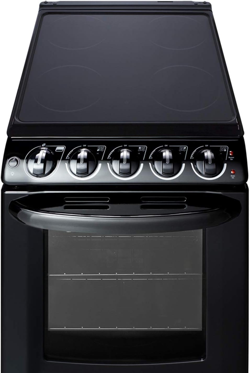 Summit Appliance REX2051BRT 20" Wide Electric Smooth-Top Range Oven, Black; Smooth Ceramic Glass Top, Removable Backguard, 4 Cooking Zones