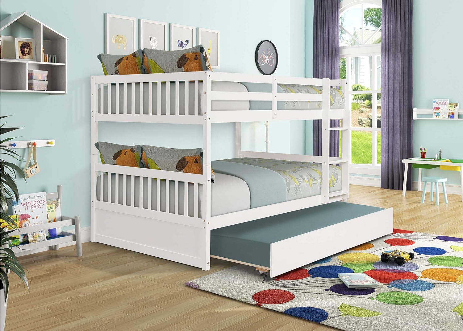 Twin Over Twin Bunk Bed with Trundle, Pine Wood Bunk Beds Twin Over Twin with Guardrail & Ladder, Can be Separated into 3 Twin Bed Frame