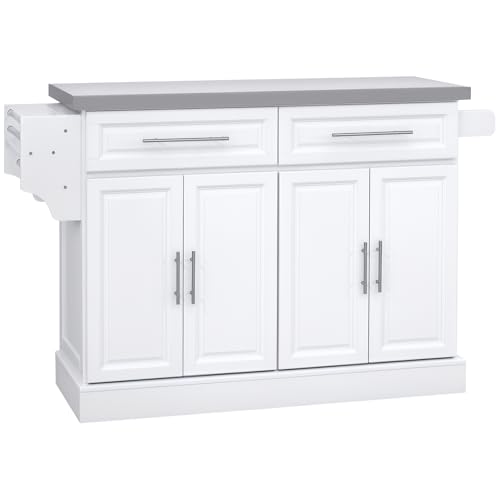 HOMCOM Rolling Kitchen Island Cart with Wheels, Portable Island Table for Kitchen with Stainless Steel Top, Adjustable Shelves, 2 Drawers, Spice