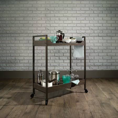 Sauder Curiod Rolling 2-Shelf Metal Framed Wood Kitchen Bar Cart, Smoked Oak Finish