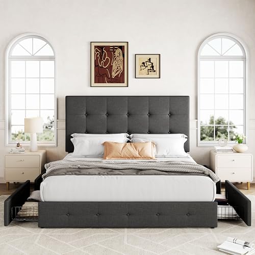 Allewie Upholstered Queen Size Platform Bed Frame with 4 Storage Drawers and Headboard, Square Stitched Button Tufted