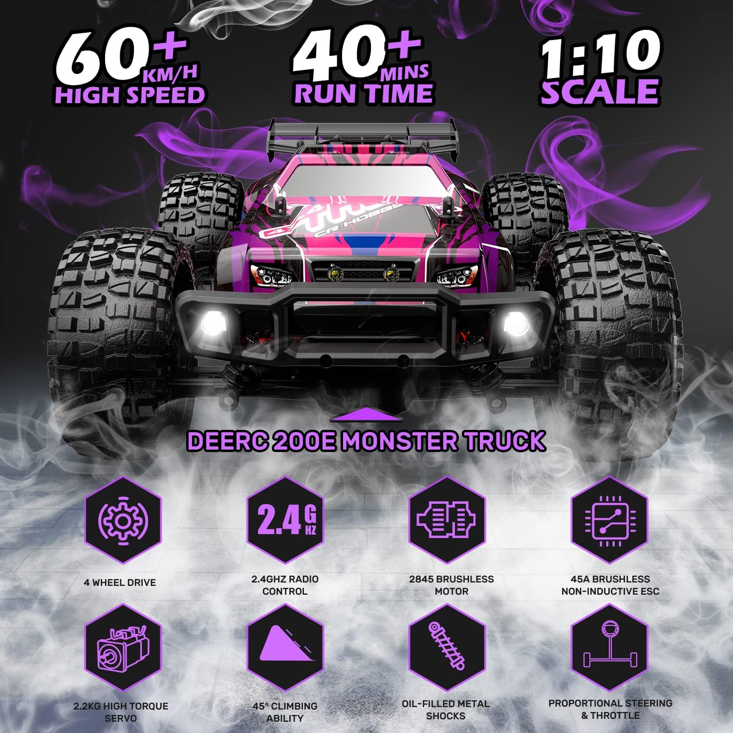 DEERC 200E Large Brushless High Speed RC Cars for Adults, Upgraded 1:10 RC Trucks W/ Extra Shell LED Headlight, 60 KM/H, Remote Control Car