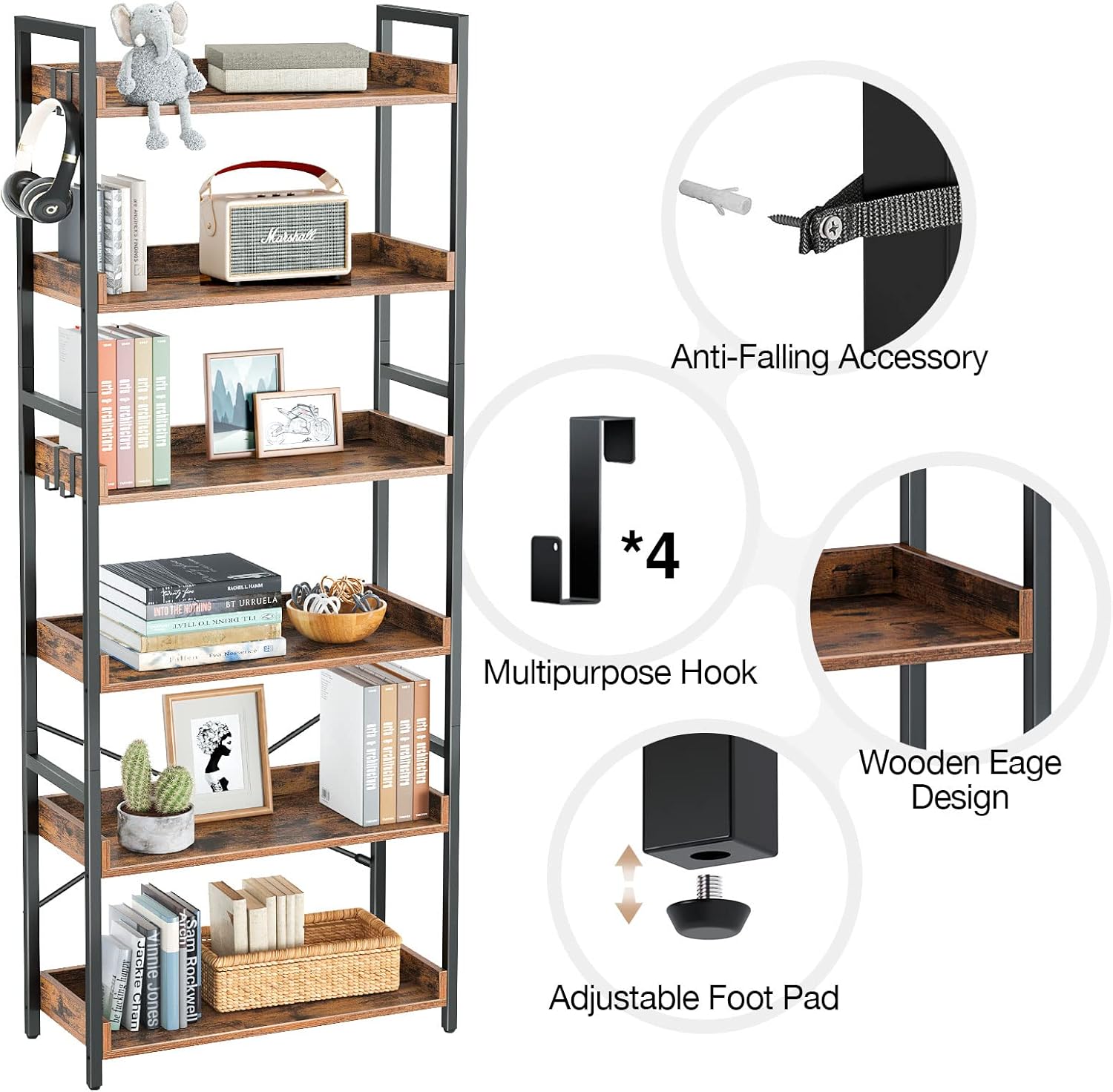 Rolanstar 5 Tier Bookshelf, Industrial Wood Bookcase with 4 Hooks, Vintage Storage Rack with Open Shelves