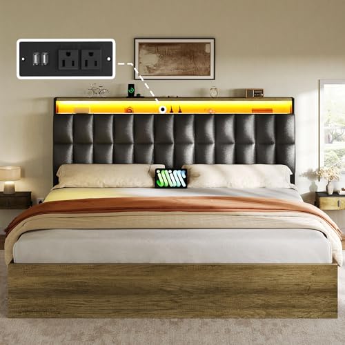 YITAHOME Queen Size Lift Up Bed with Charging Station & RGB LED Lights, PU Leather Upholstered Platform Storage Bookcase Headboard Bed