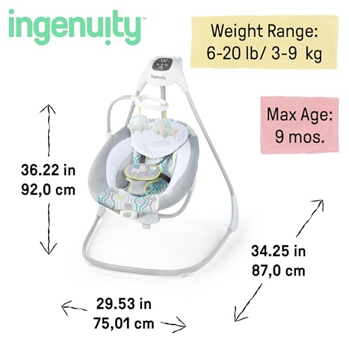 Ingenuity SimpleComfort Lightweight Compact 6-Speed Multi-Direction Baby Swing, Vibrations & Nature Sounds, 0-9 Months 6-20 lbs (Pink Cassidy)