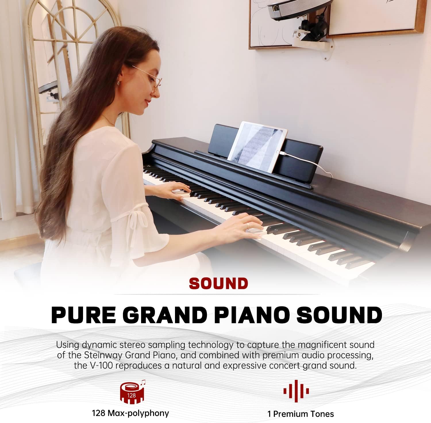 Souidmy V-200 88-Key Digital Piano, Weighted Hammer-Action Ivory Textures Keyboard, Bluetooth MIDI, Enhanced Acoustic Resonance