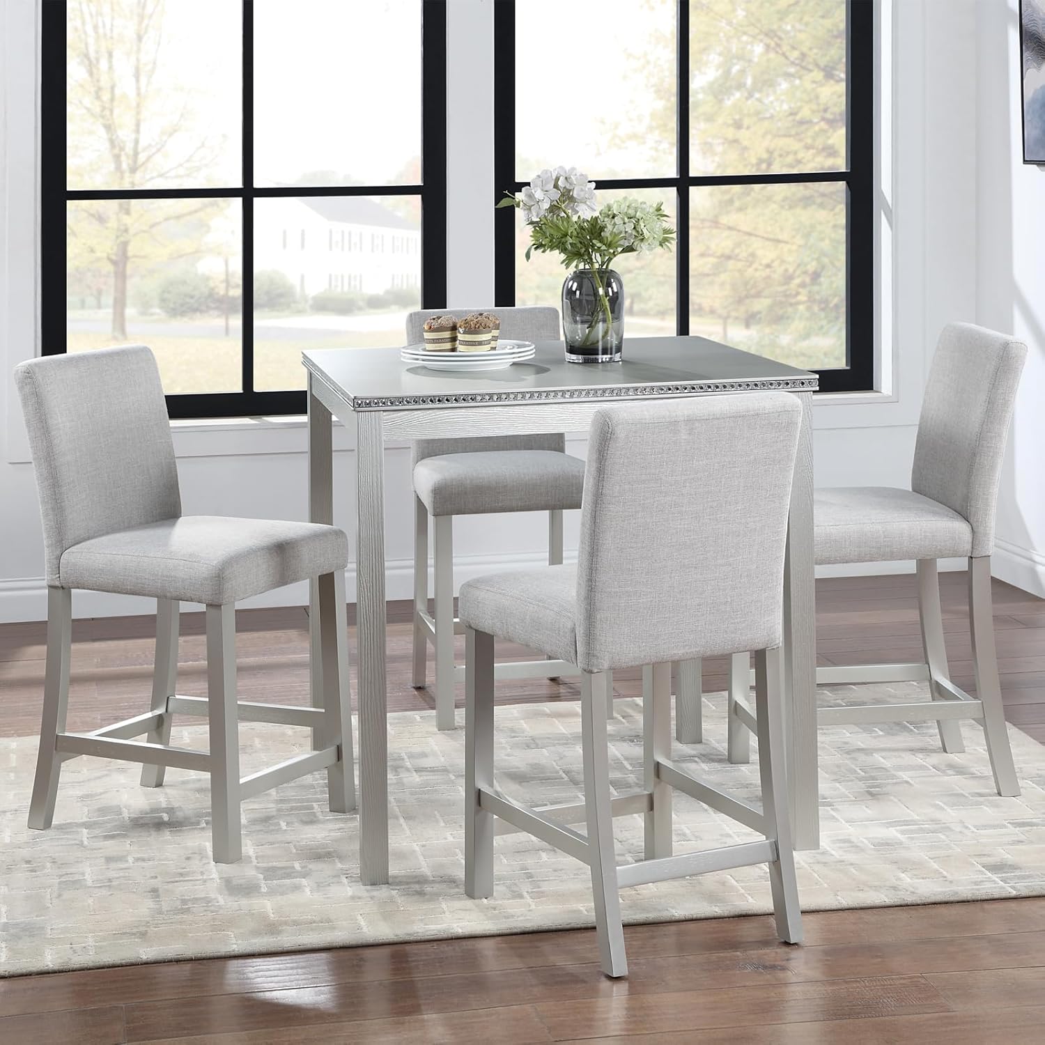 5-Piece Acacia Wood Counter Height Dining Table Set, 34.50'' Square Dining Table and 4 Upholstered-Seat Chairs