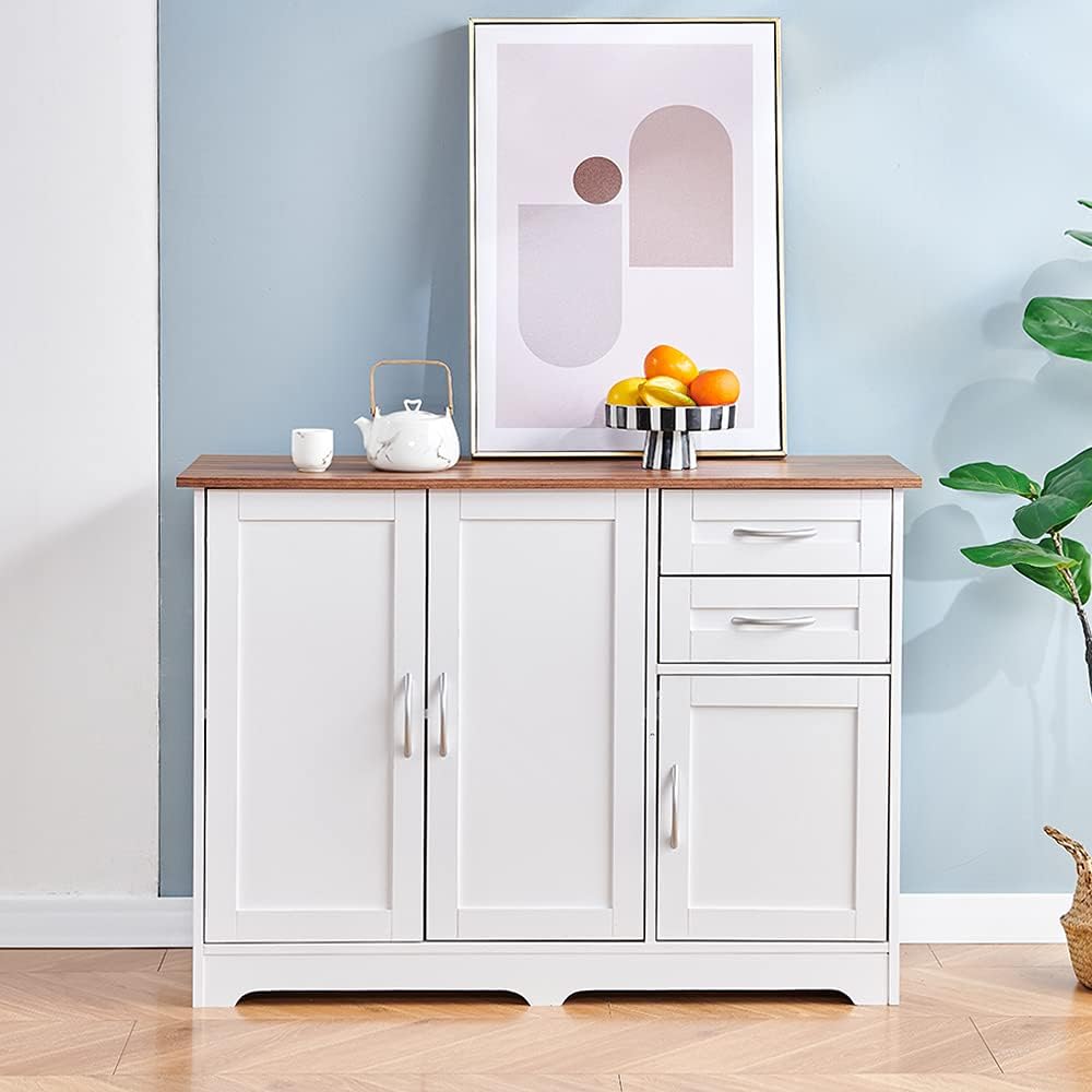 2 Doors Kitchen Sideboard Buffet White Wooden Storage Cabinet Console Table with Drawers Shelves for Dining Room