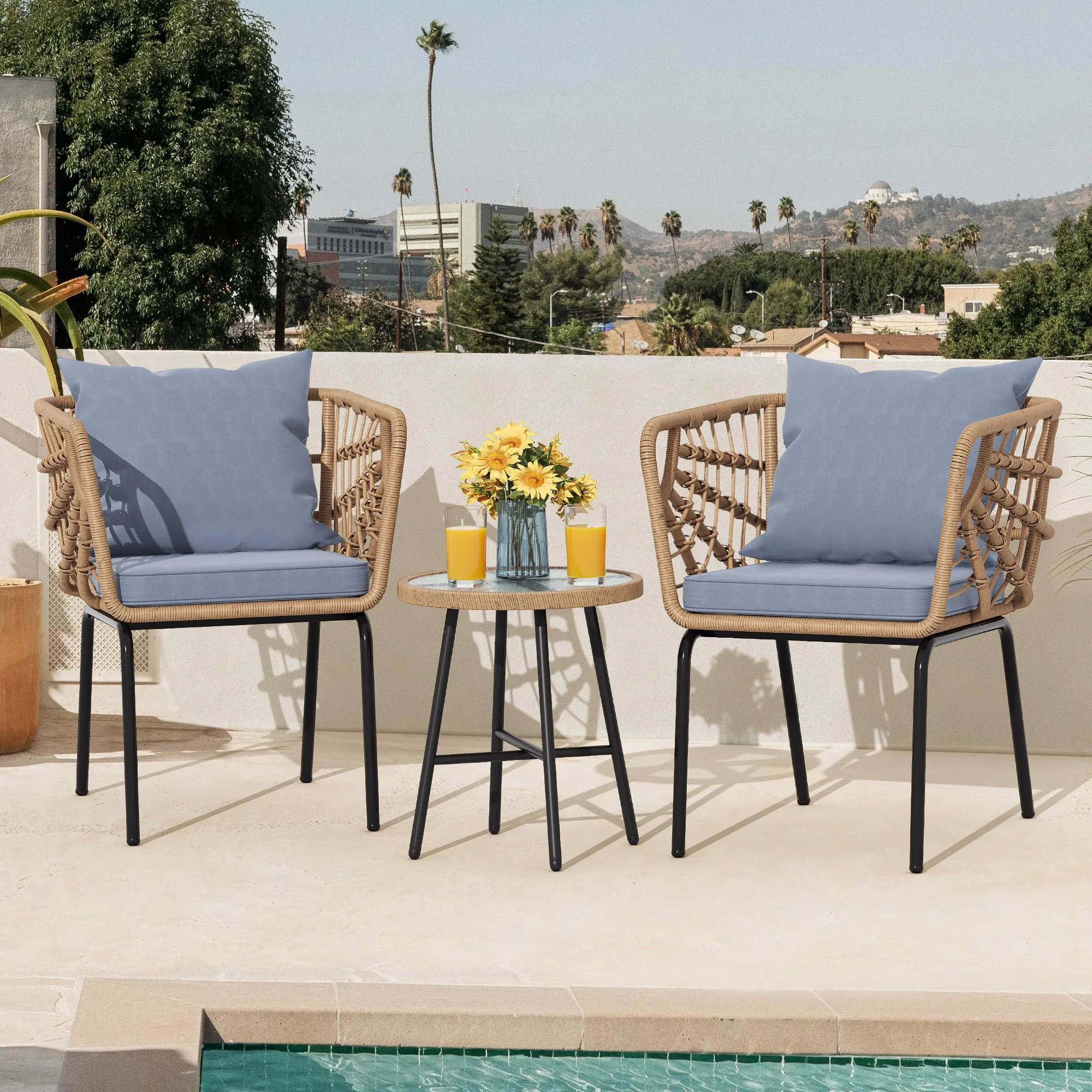 Dextrus 3-Piece Outdoor Patio Furniture Wicker Bistro Set, With 2 Chairs and Coffee Table,Cushions and Lumbar Pillows-Gray