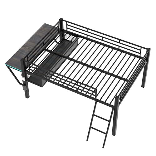 Gaming Bed with Desk,Wardrobe,Ample Storage Space,and RGB LED Light, Full Size Wood Loft Bed for Kids Bedroom (Cloud Blue/K)