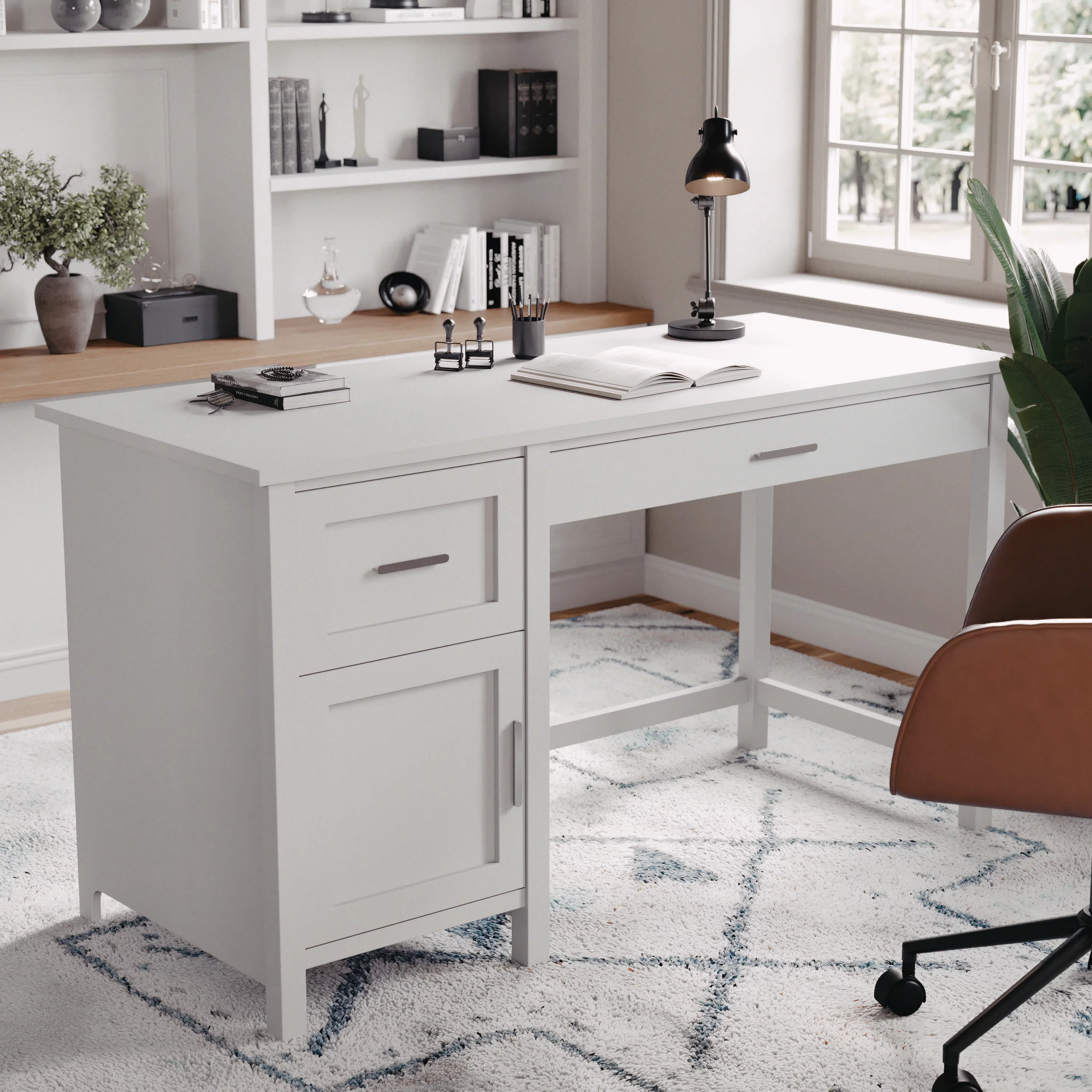 Martha Stewart Hutton Shaker Style Home Office Desk with Storage in Gray with Brushed Nickel Hardware