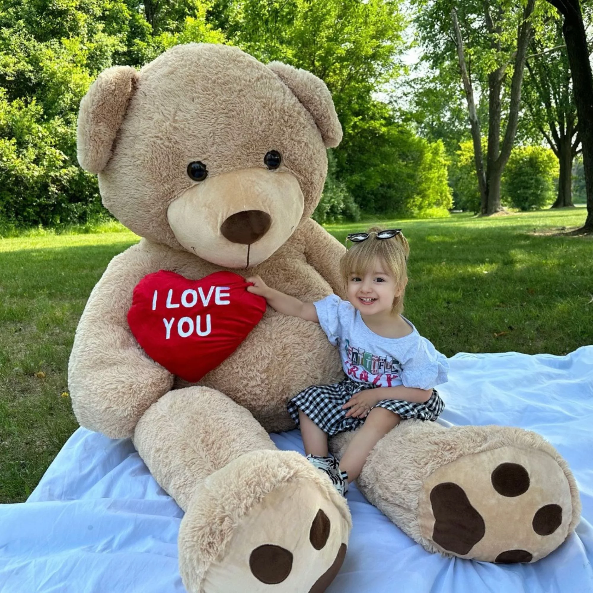 MorisMos Brown Giant Teddy Bear 6ft Stuffed Animal "I Love You" Red Heart Jumbo Human Size Teddy Bear