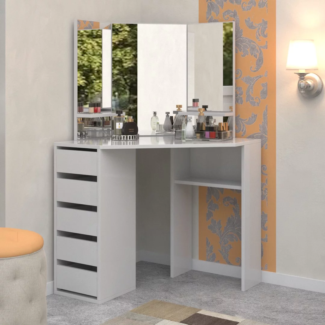 Roomsmart Corner Makeup Vanity Desk with 3 Mirrors and 5 Drawers