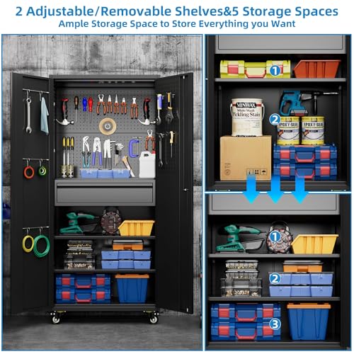Metal Storage Cabinet with Wheels, 73" H Rolling Garage Cabinets with Locking Doors and Adjustable Shelves for Home Office, Basement, Pantry, Workshop