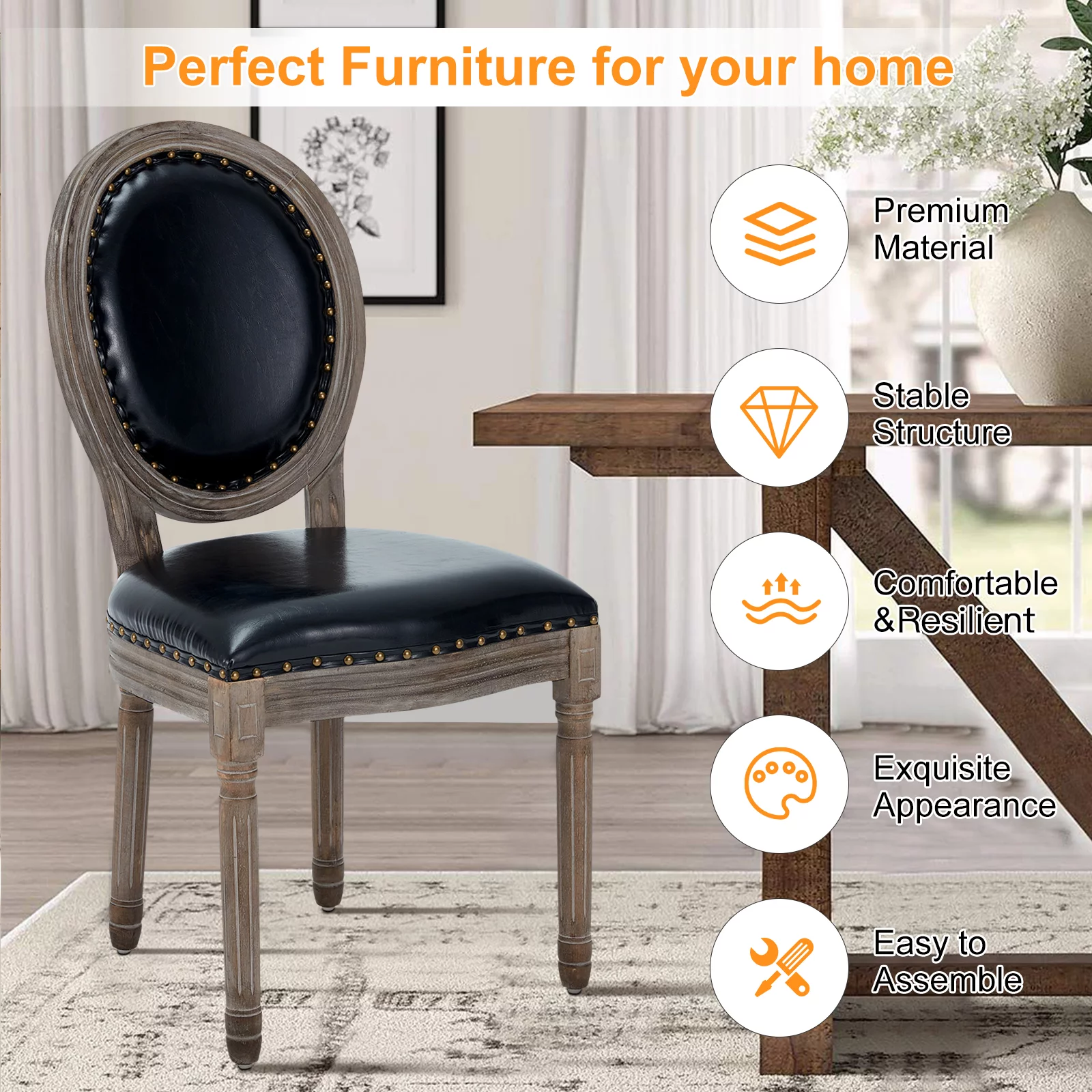 AVAWING Farmhouse Leather Dining Room Chairs 2 PCS, French Chairs with Round Back, Brown Wood Legs