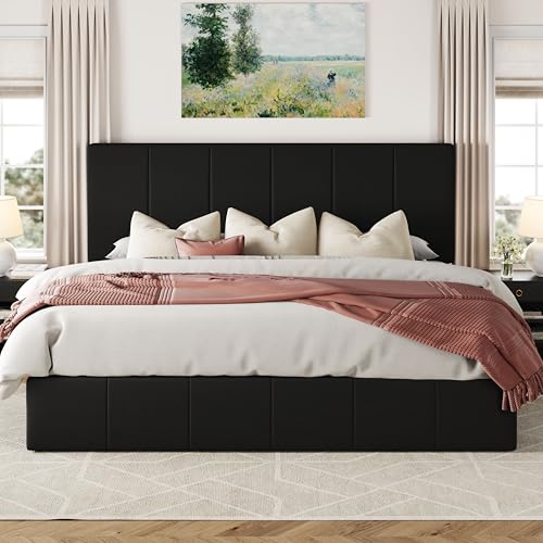 Allewie Queen Size Velvet Lift Up Storage Bed Frame, Vertical Channel Tufted Headboard, Hydrualic Underneath Storage, Upholstered Platform Bed