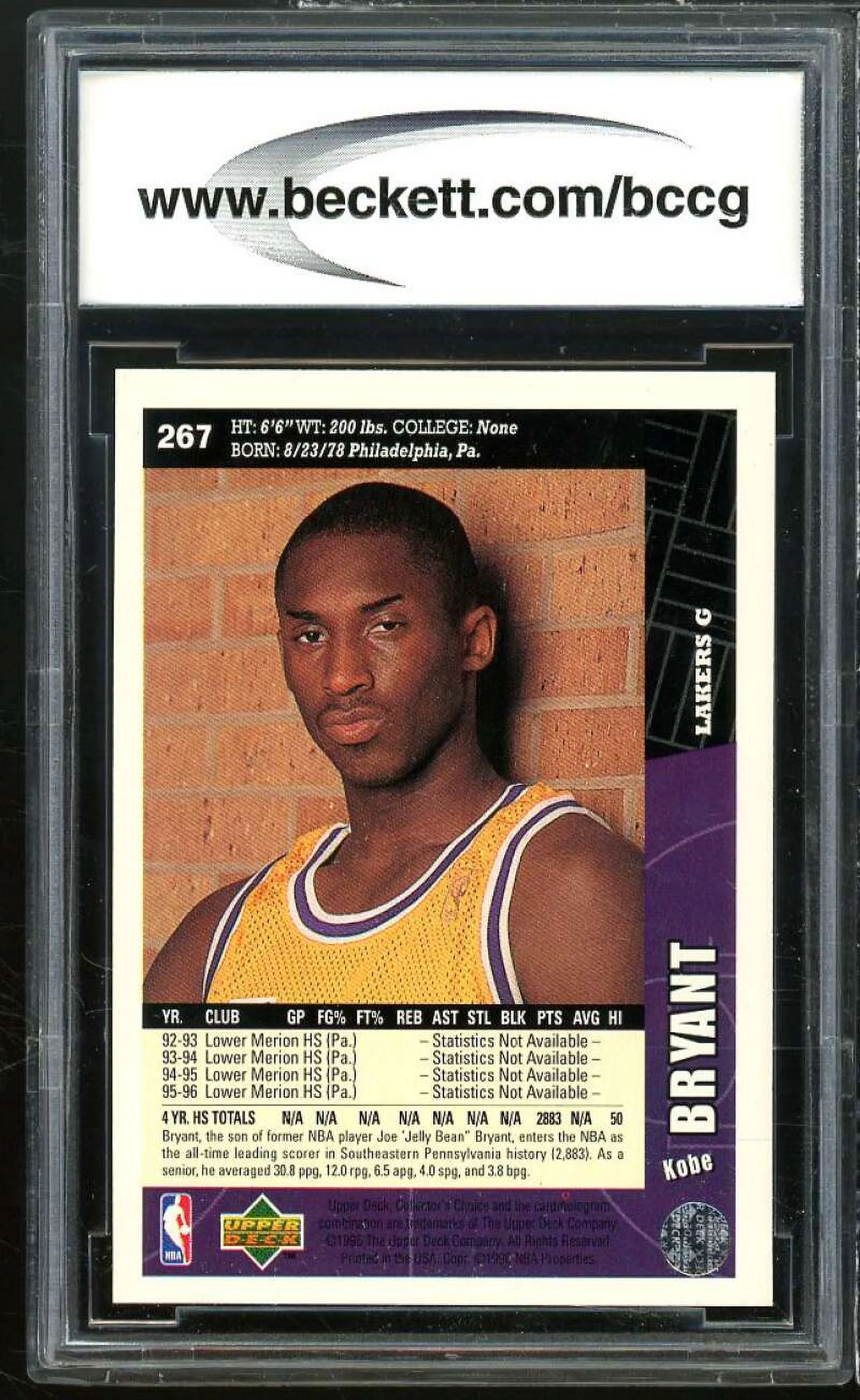 1996-97 Collector's Choice #267 Kobe Bryant Rookie Card BGS BCCG 10 Mint+