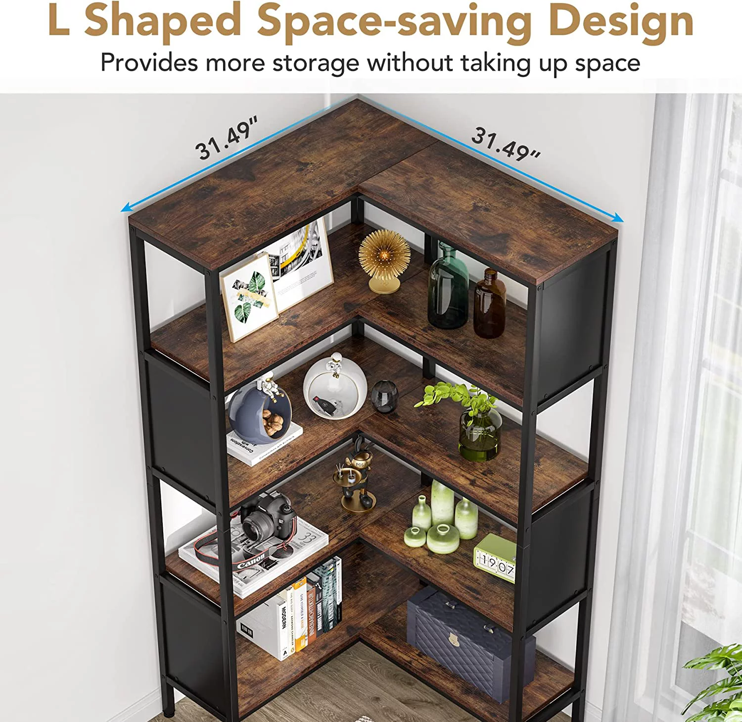 KHBIULIFE 5- Corner Bookshelf  Industrial 5-Tier L-Shaped Bookcase with Safety Baffles  Large Corner Book Shelves  Display Rack for Home Office