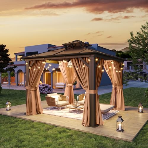 Aoxun 12'x10' Hardtop Gazebo, Aluminum Frame Permanent Pavilion with Curtains and Netting, Outdoor Polycarbonate Double Roof Canopy