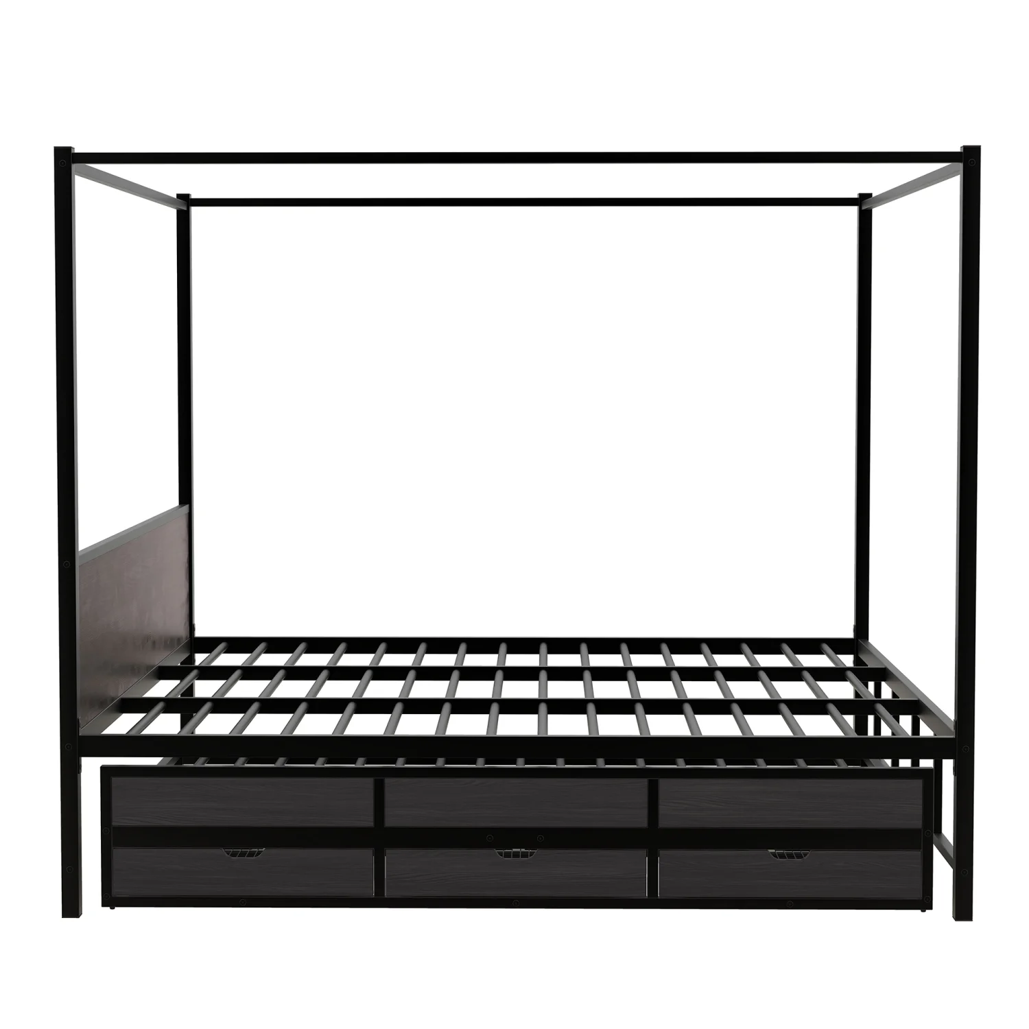 Churanty Queen Size Canopy Platform Bed with Trundle, Metal Four-Poster Canopy Bed Frame with for 3 Storage Drawers for Bedroom,Black