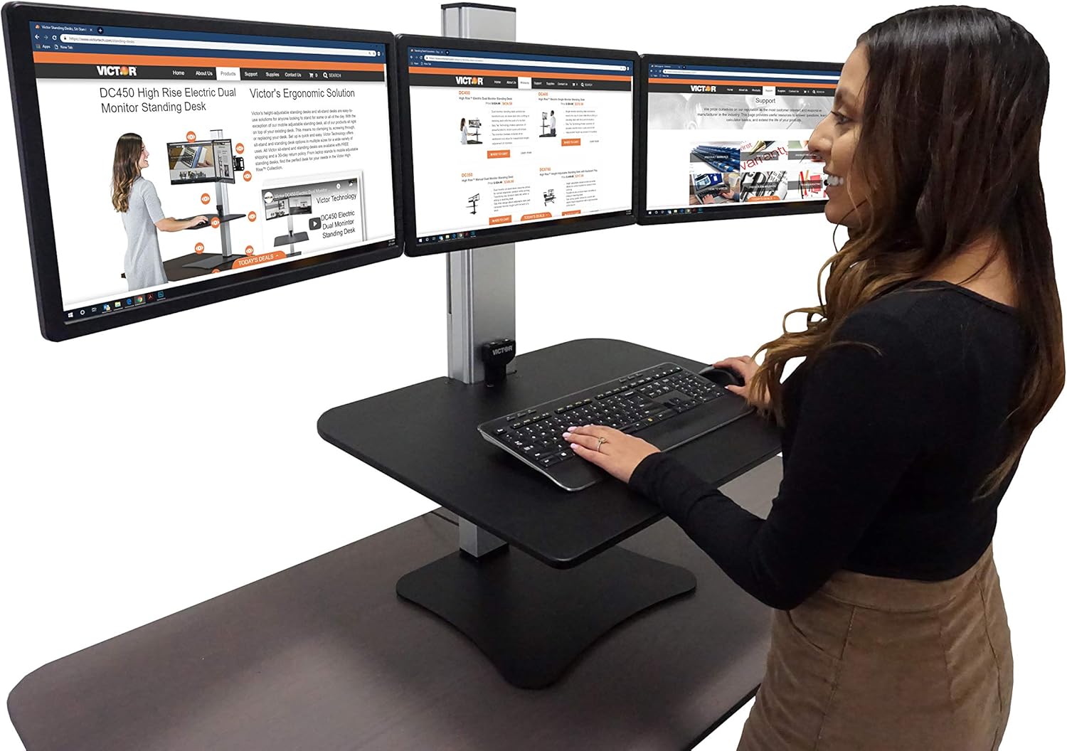 Victor DC475 High Rise Electric Triple Monitor Standing Desk Converter | Three Large Monitor Sit-Stand Desk | 28” Wide Work Surface | Compatible with