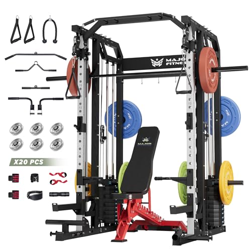 Major Fitness Smith△ Machine Drone2 Premium, All-in-One Home Gym Squat Rack with Aluminum Pulley Set , Weight Bar