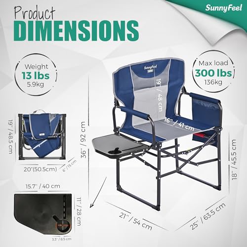 SUNNYFEEL Oversized Camping Directors Chair 2 Pack, Portable Folding Lawn Chairs for Adults Heavy Duty with Side Table,Pocket for Beach, Fishing