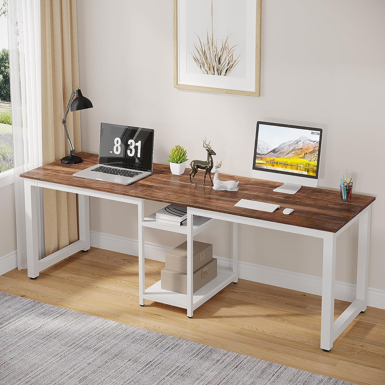 Tribesigns 78" Computer Desk, Extra Large Two Person Office Desk with Shelf, Double Workstation Desk for Home Office (Brown/White)