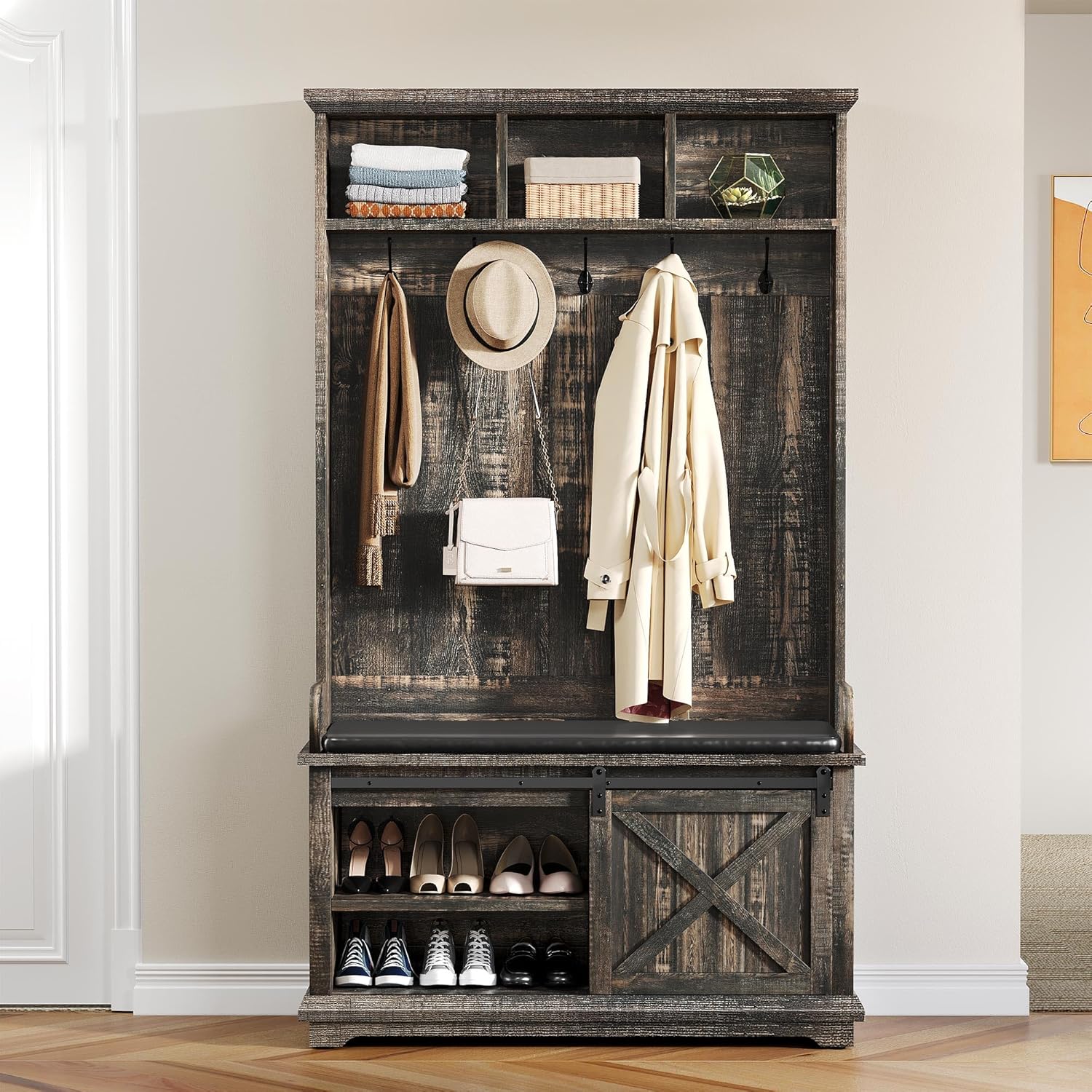 YITAHOME Hall Tree with Shoe Bench and Coat Rack Entryway, Hallway Tree Organizer Storage Bench Cabinet for Hallway, Entryway, Bedroom, Living Room