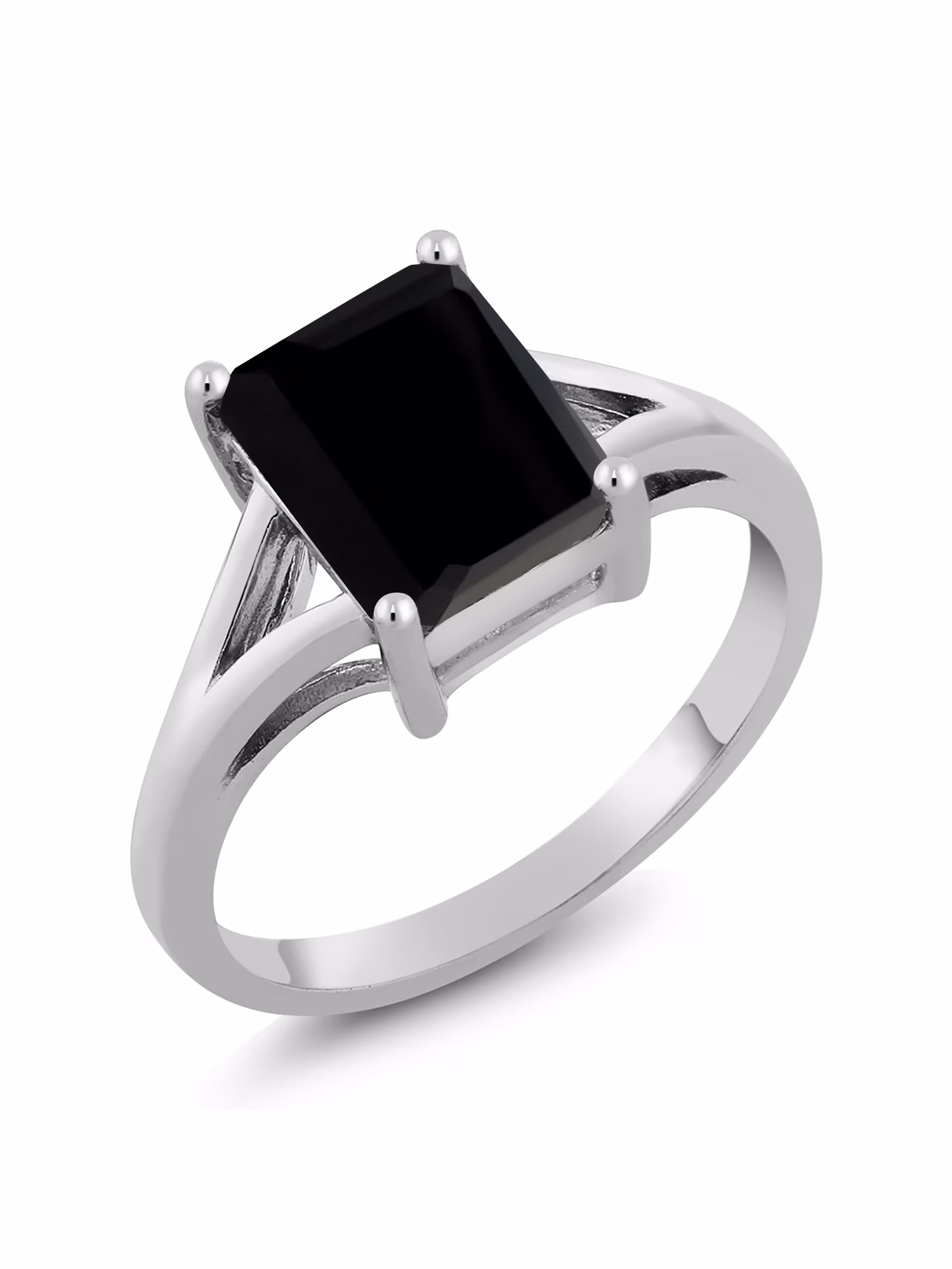 Gem Stone King 925 Sterling Silver Black Onyx Solitaire Engagement Ring For Women (2.10 Cttw, Emerald Cut 9X7MM, Gemstone December Birthstone