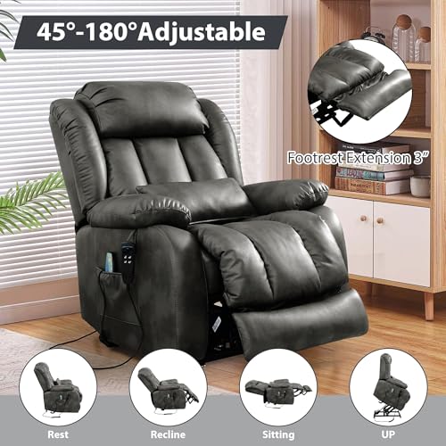 EDILLY Large Genuine Leather Power Lift Recliner Chairs for Elderly, Dual Motor with Massage and Heating,Double Lumbar Cushion and Extended Footrest