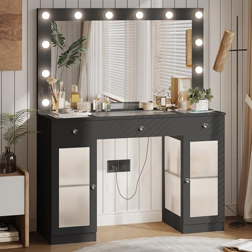 Vanity Desk with Large Mirror and Lights, Glass Top Makeup Vanity with Lights & Power Outlet for Bedroom, 3 Color Lighting Modes