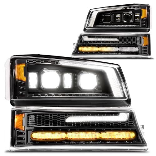 Full LED Headlight Assembly Replacement for Chevrolet 2003-2006 Chevy Silverado Cateye 1500 2500 3500 HD 03-06 Avalanche 1500 2500HD [DOT] DRL Amber