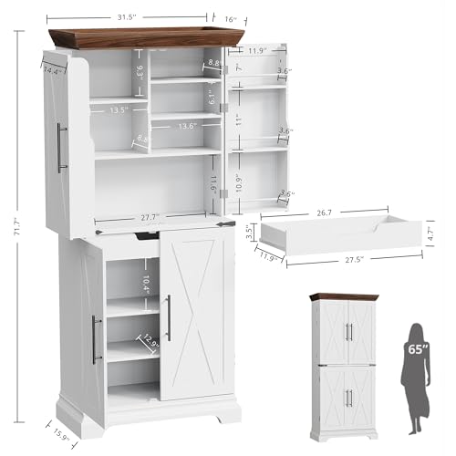 IRONCK Kitchen Pantry Cabinet 72" H, with 9 Shelves, 4 Barn Doors, Drawer, 6 Door Storage Shelves