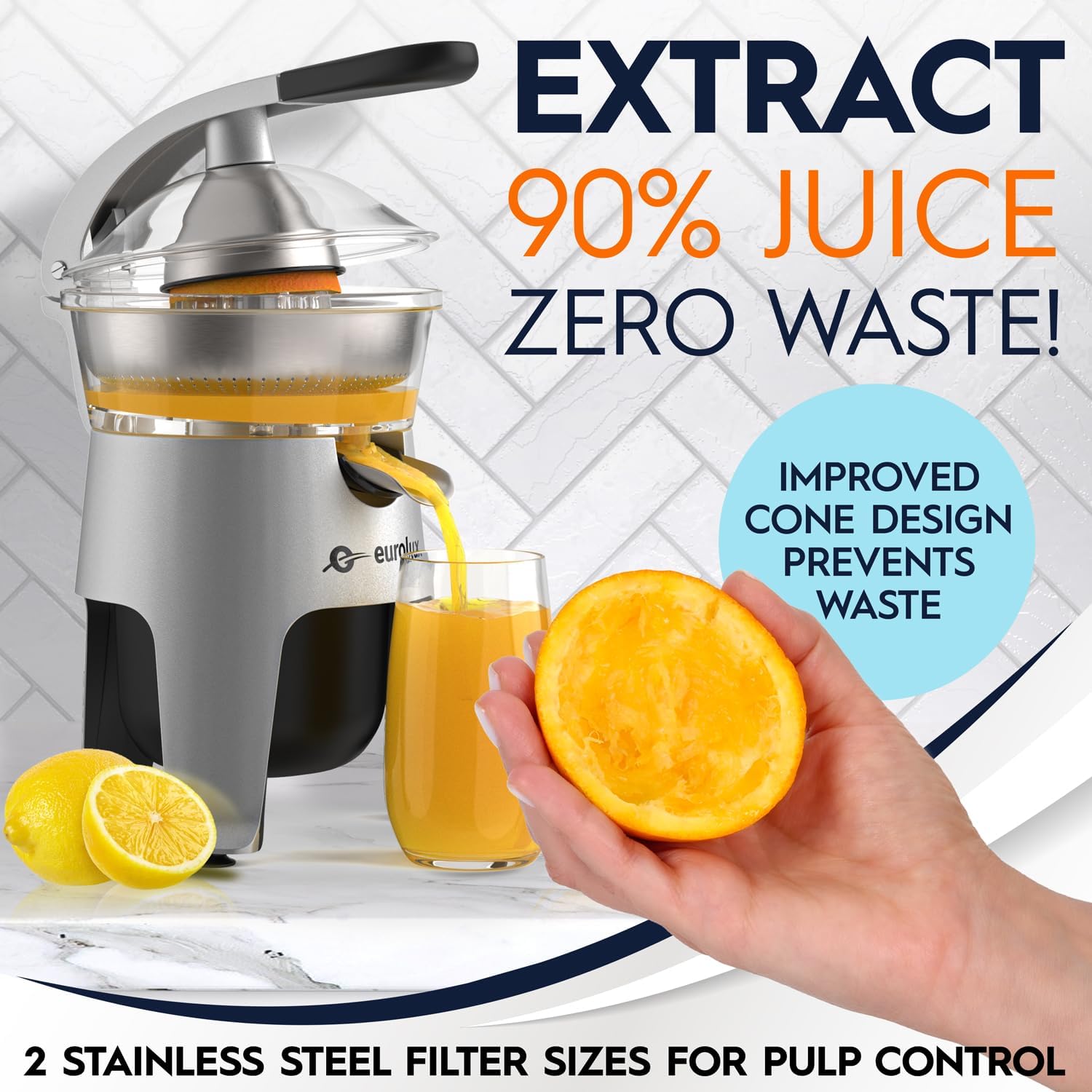 Eurolux Die Cast Stainless Steel Electric Citrus Juicer Squeezer, for Orange, Lemon, Grapefruit | 300 Watts of Power