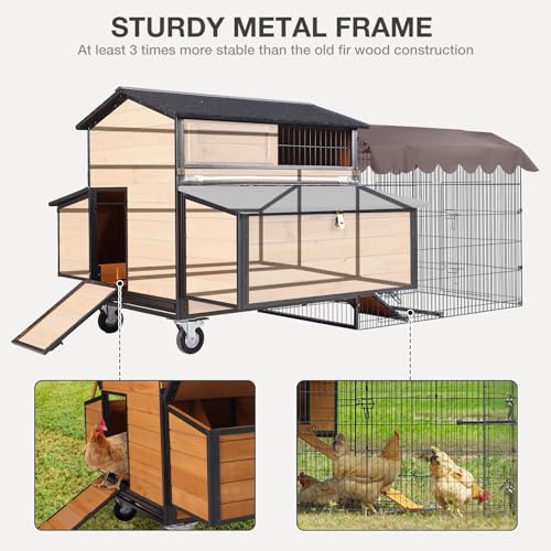 Ultimate Chicken Coop with Wheels - Spacious 76" Metal Frame Chicken House with 6 Nesting Box and Leakproof Pull-on Tray