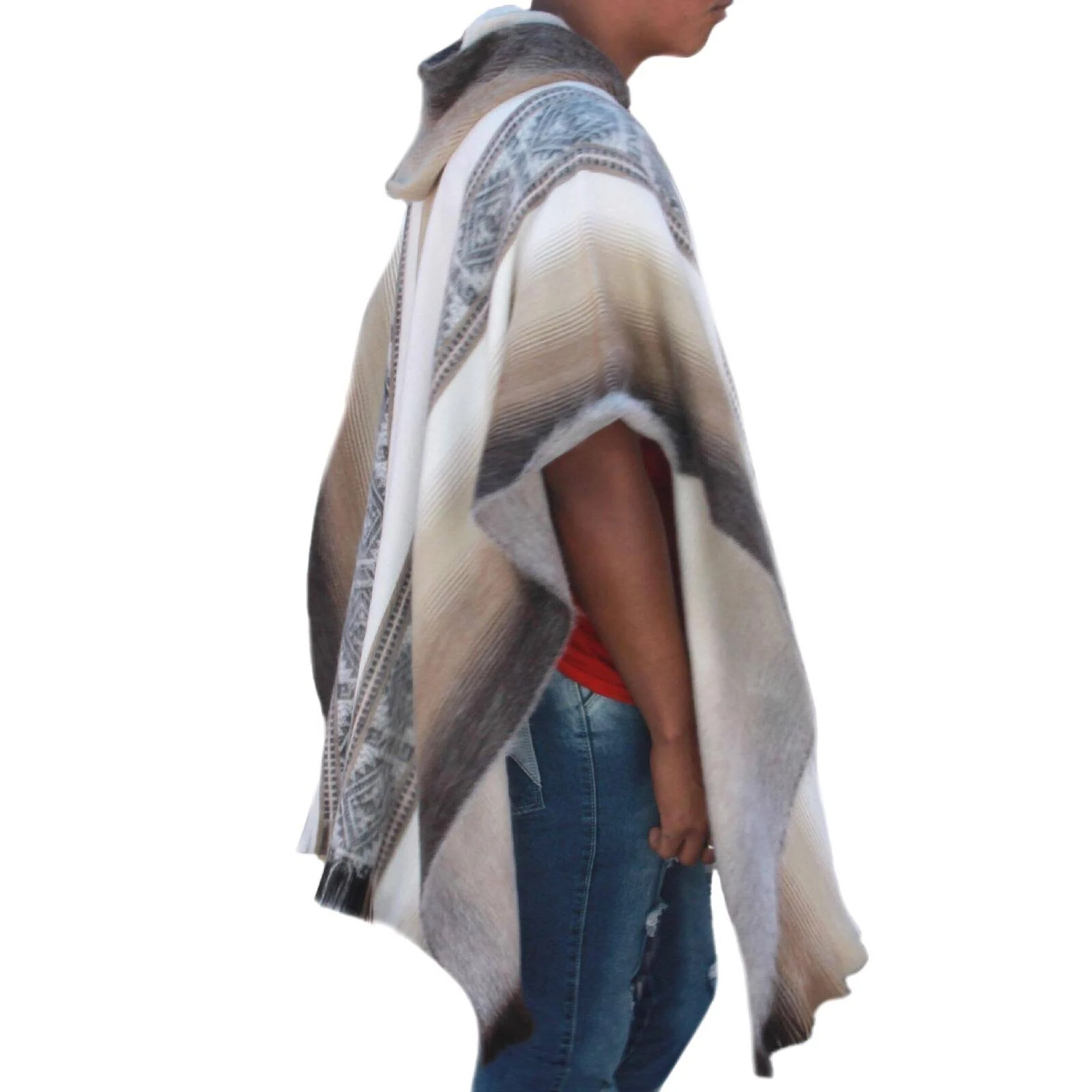 EcuaLama Hooded Wool Poncho Cape in White u0026 Brown - One Size