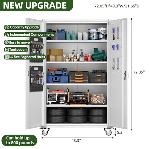 71" Metal Storage Cabinet with Wheels and Pegboard, Lockable Rolling Steel Storage Cabinet with 5 Adjustable Shelves and Door for Garage, Office
